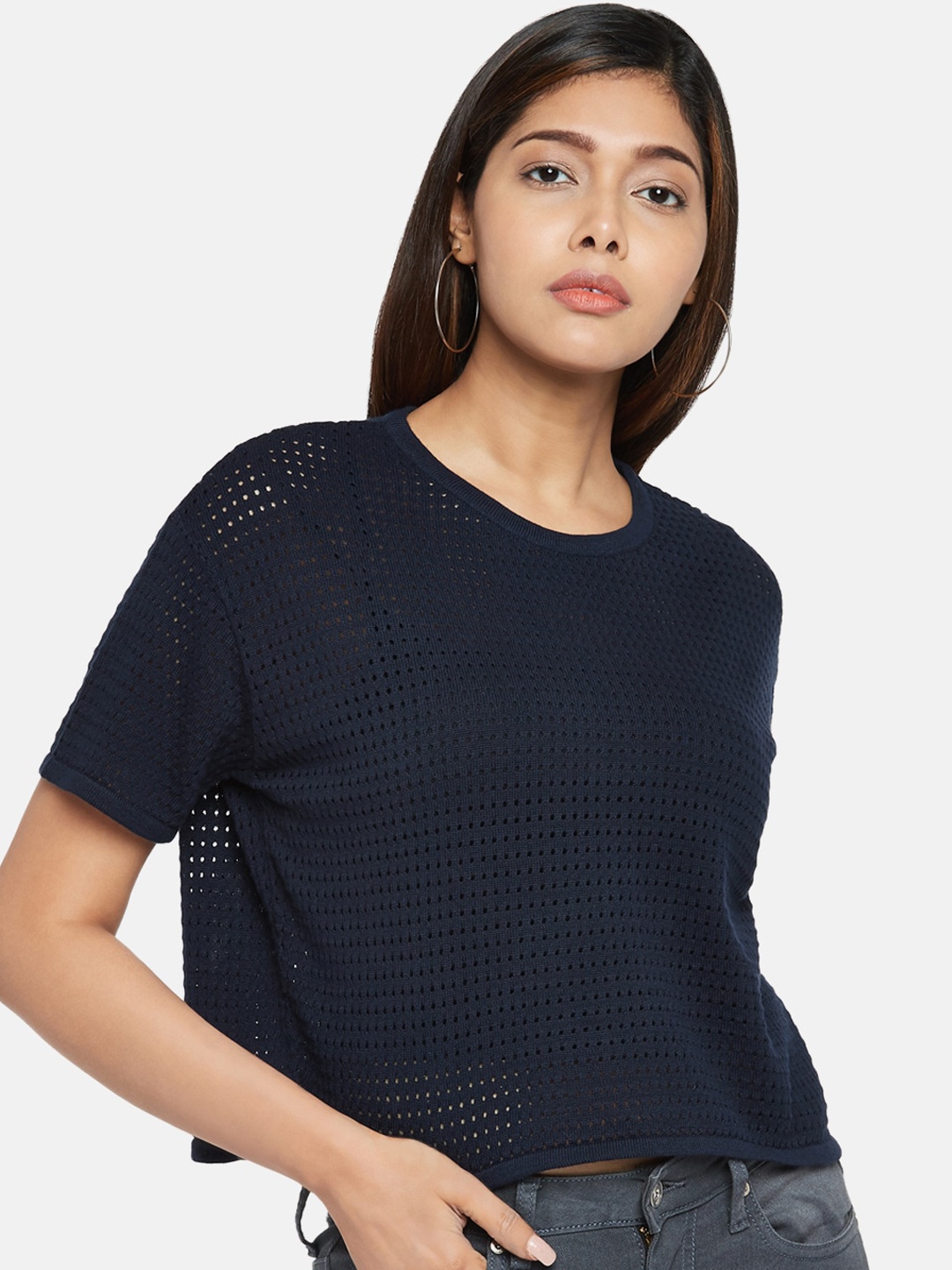 

People Women Navy Blue Self Design Pullover Sweater