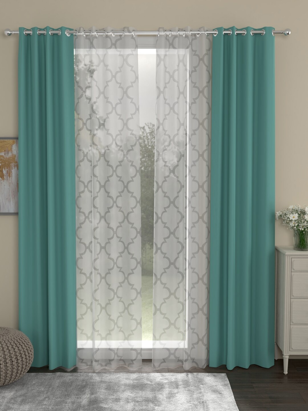 ROSARA HOME Set Of 4 Green & White Black Out Long Door Curtains