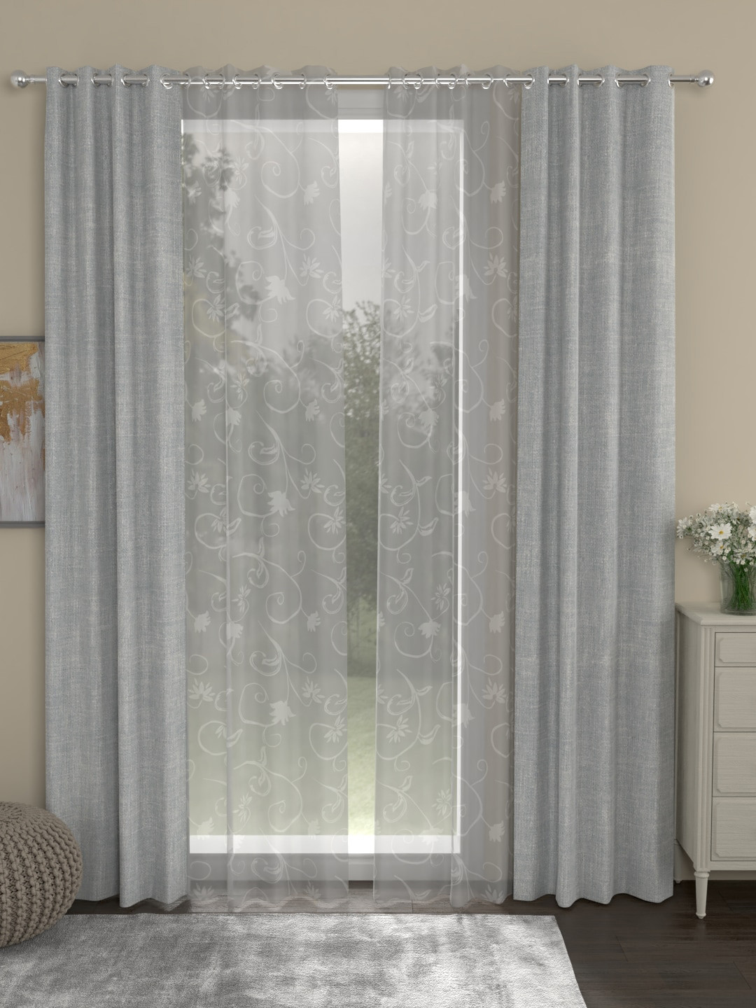 

ROSARA HOME Grey & Transparent Set of 4 Regular & Sheer Door Curtains