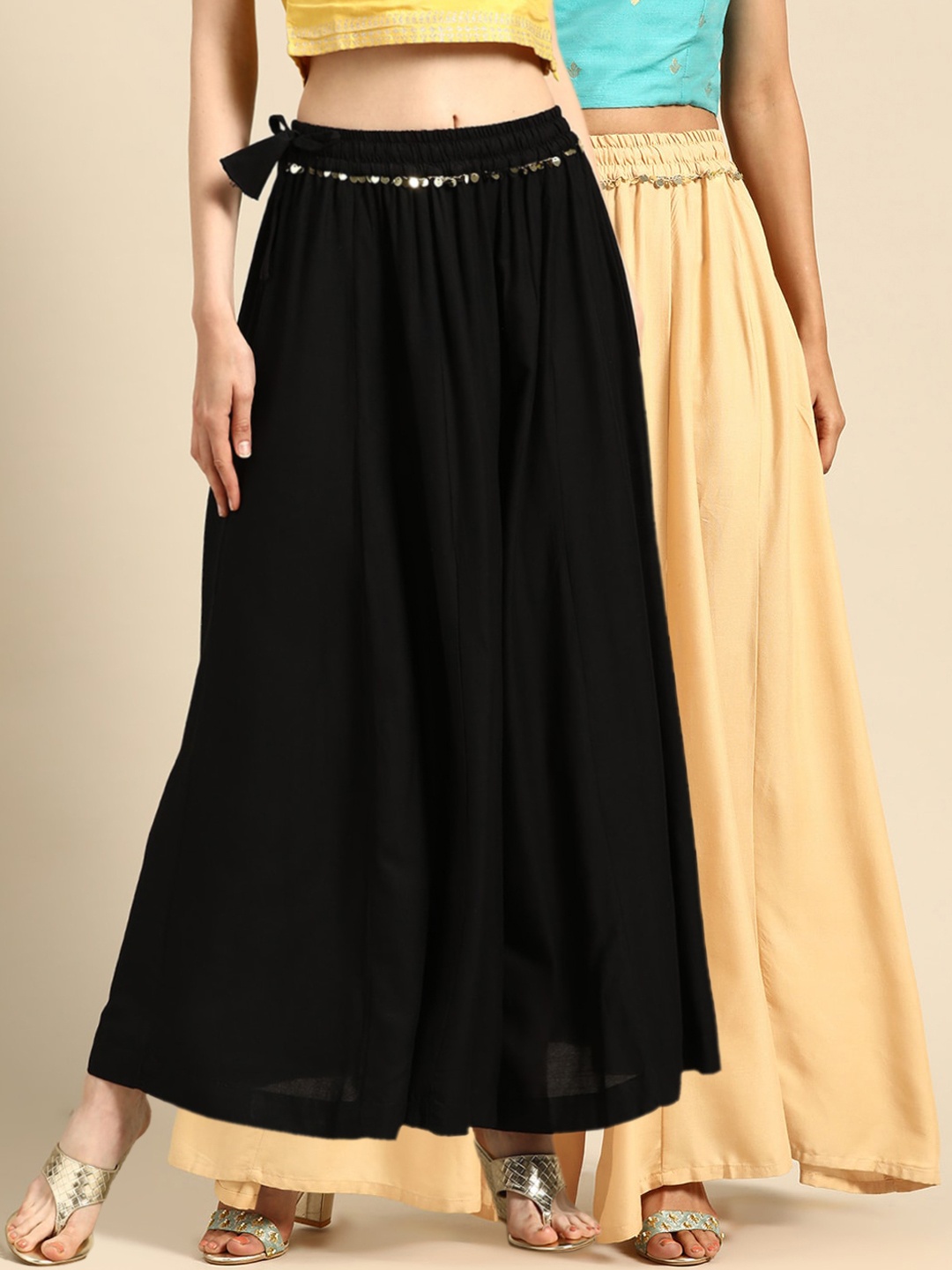 

TAG 7 Women Black & Beige Solid Flared Palazzos