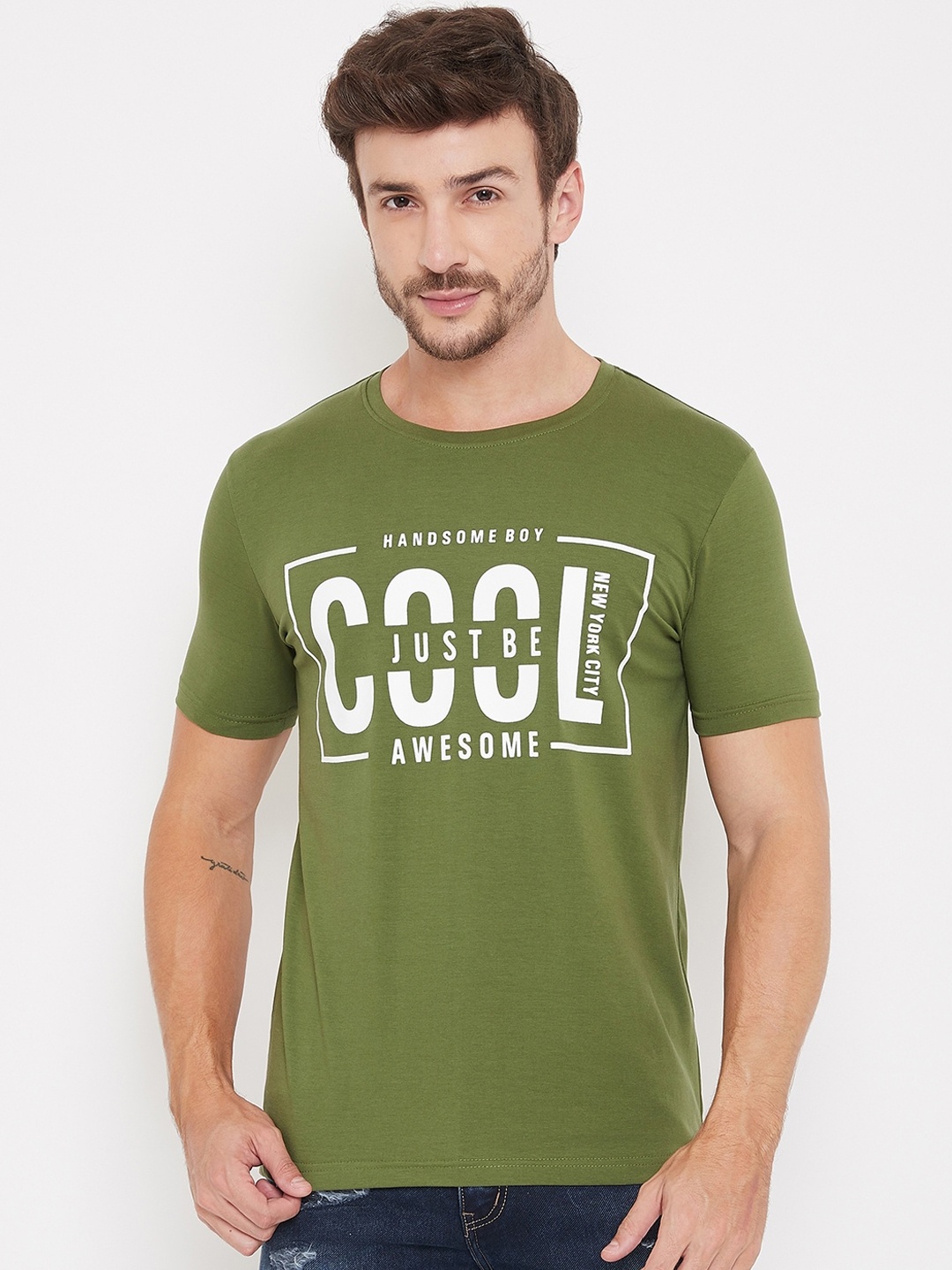 

Bishop Cotton Men Olive Green Printed Round Neck T-shirt