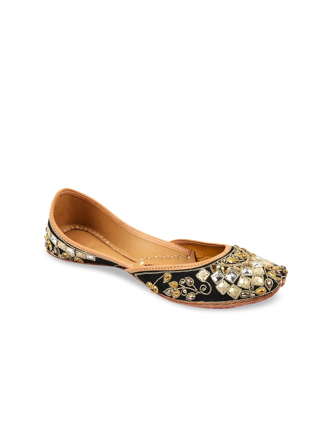 

DESI COLOUR Women Black Embellished Leather Mojaris