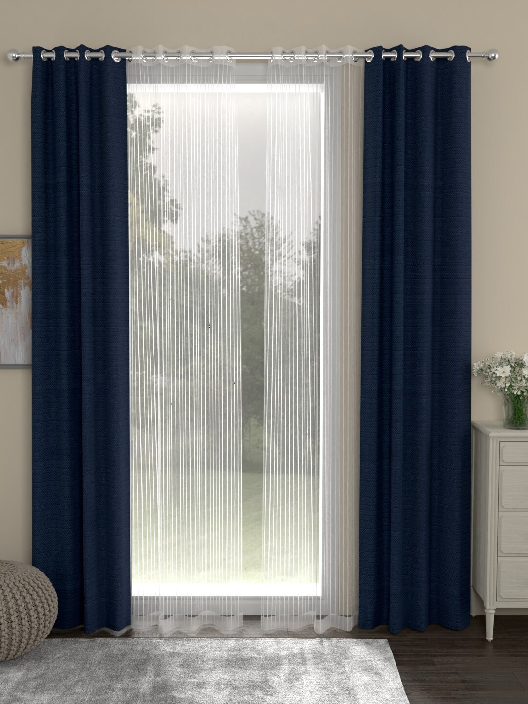 ROSARA HOME Navy Blue & White Set of 4 Regular & Sheer Long Door Curtains