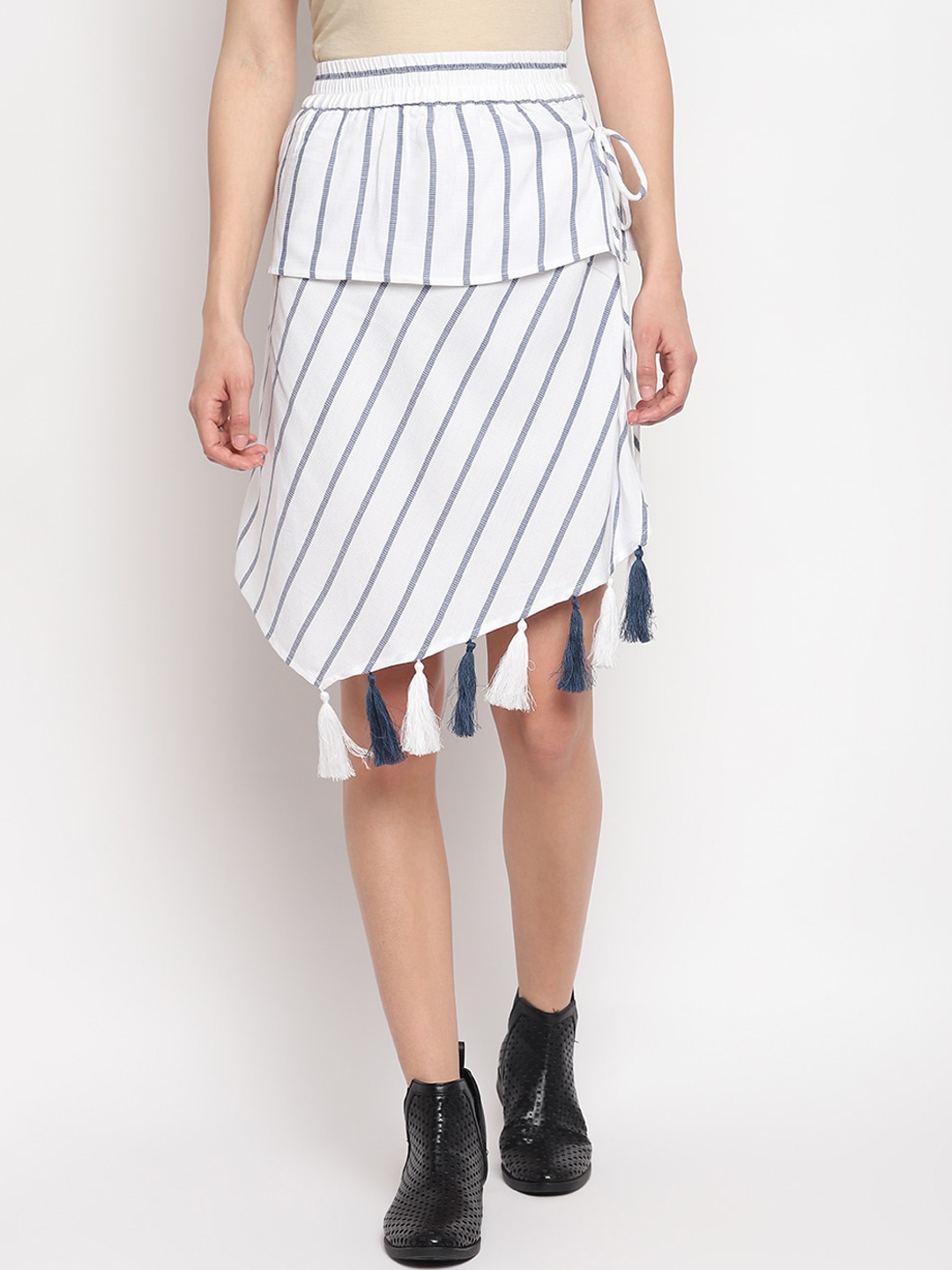 OTORVA Wome White Cotton Blue Striped A-Line Mini Skirt