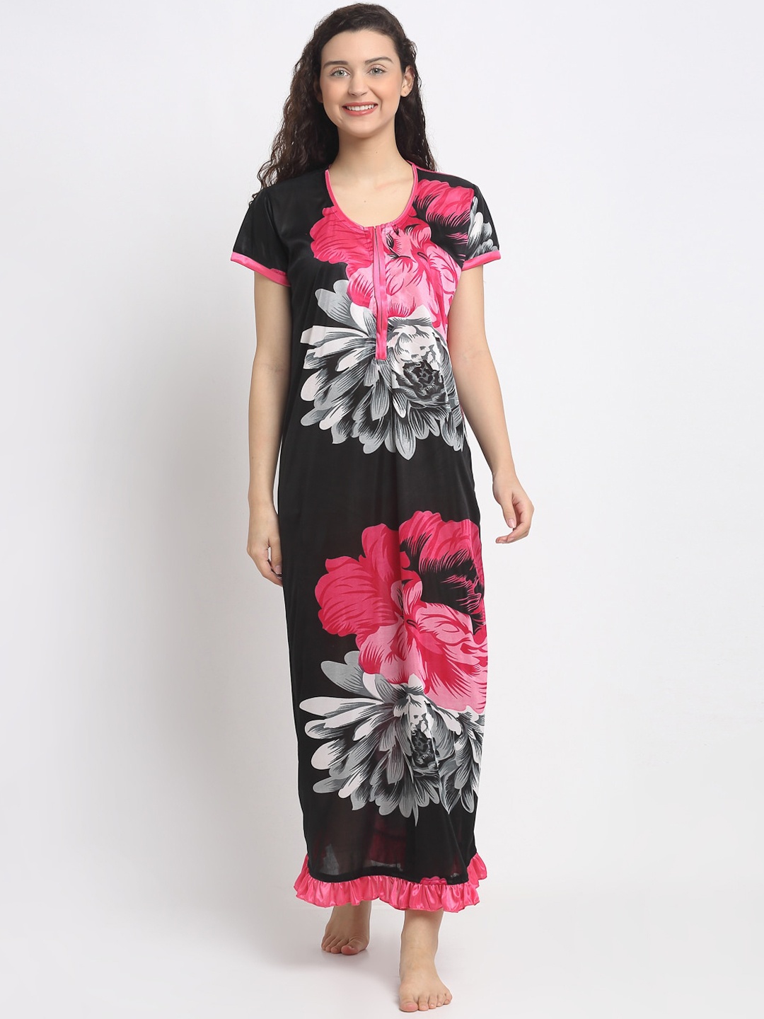 

Secret Wish Black & Pink Floral Printed Nightdress