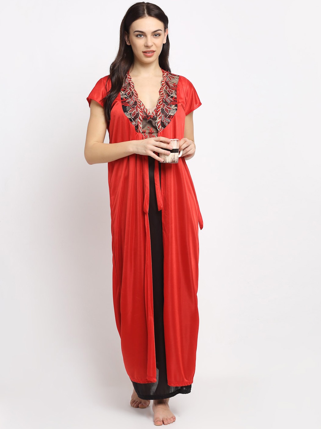 

Secret Wish Red & Black Embroidered Nightdress with Robe