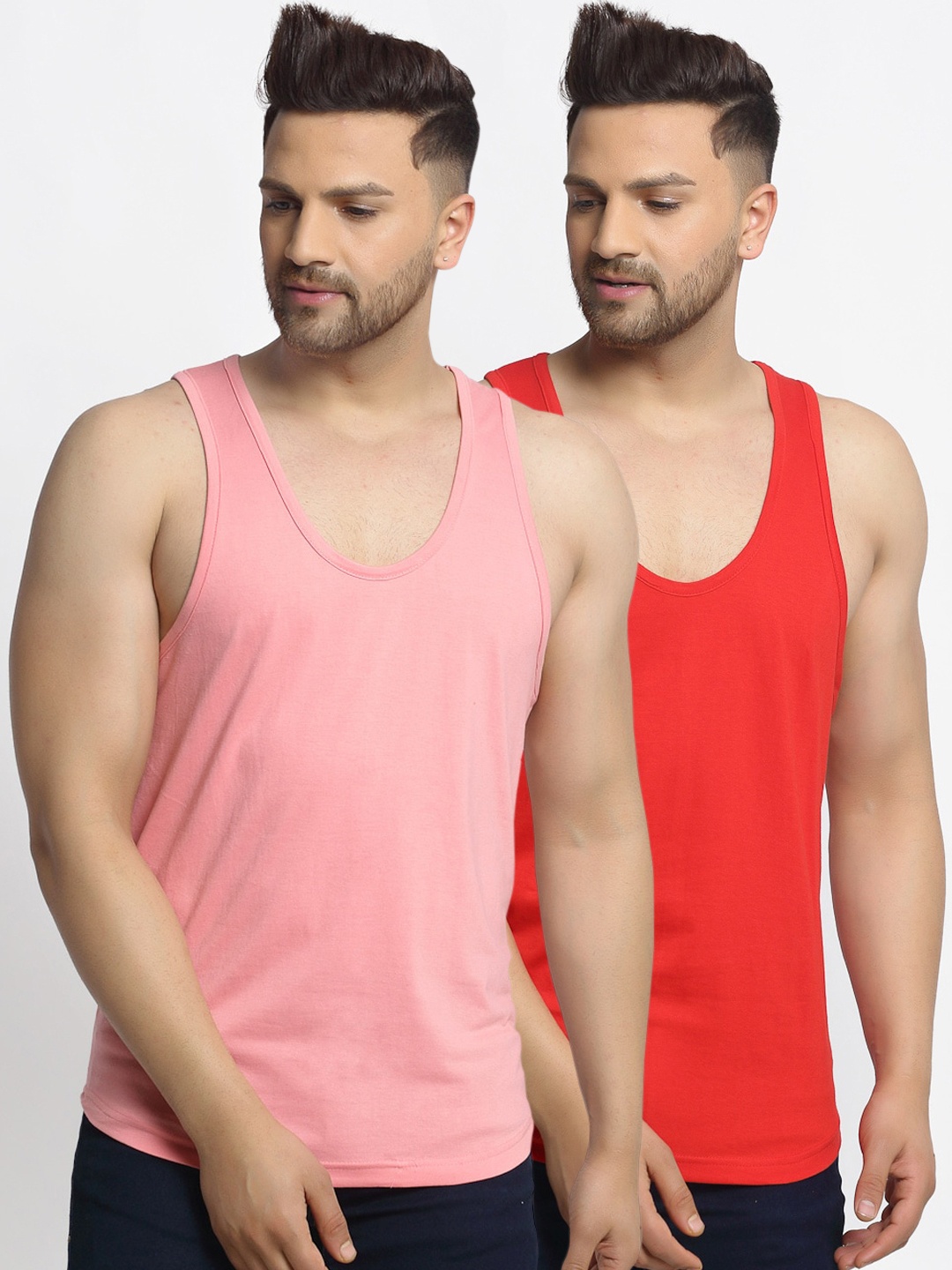 

Friskers Men Pack Of 2 Solid Cotton Gym Vests, Red