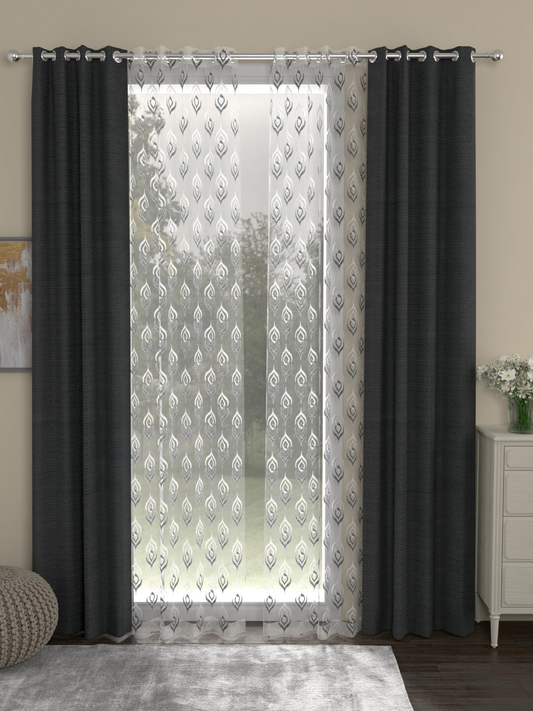 

ROSARA HOME Grey & White Set of 4 Door Curtains