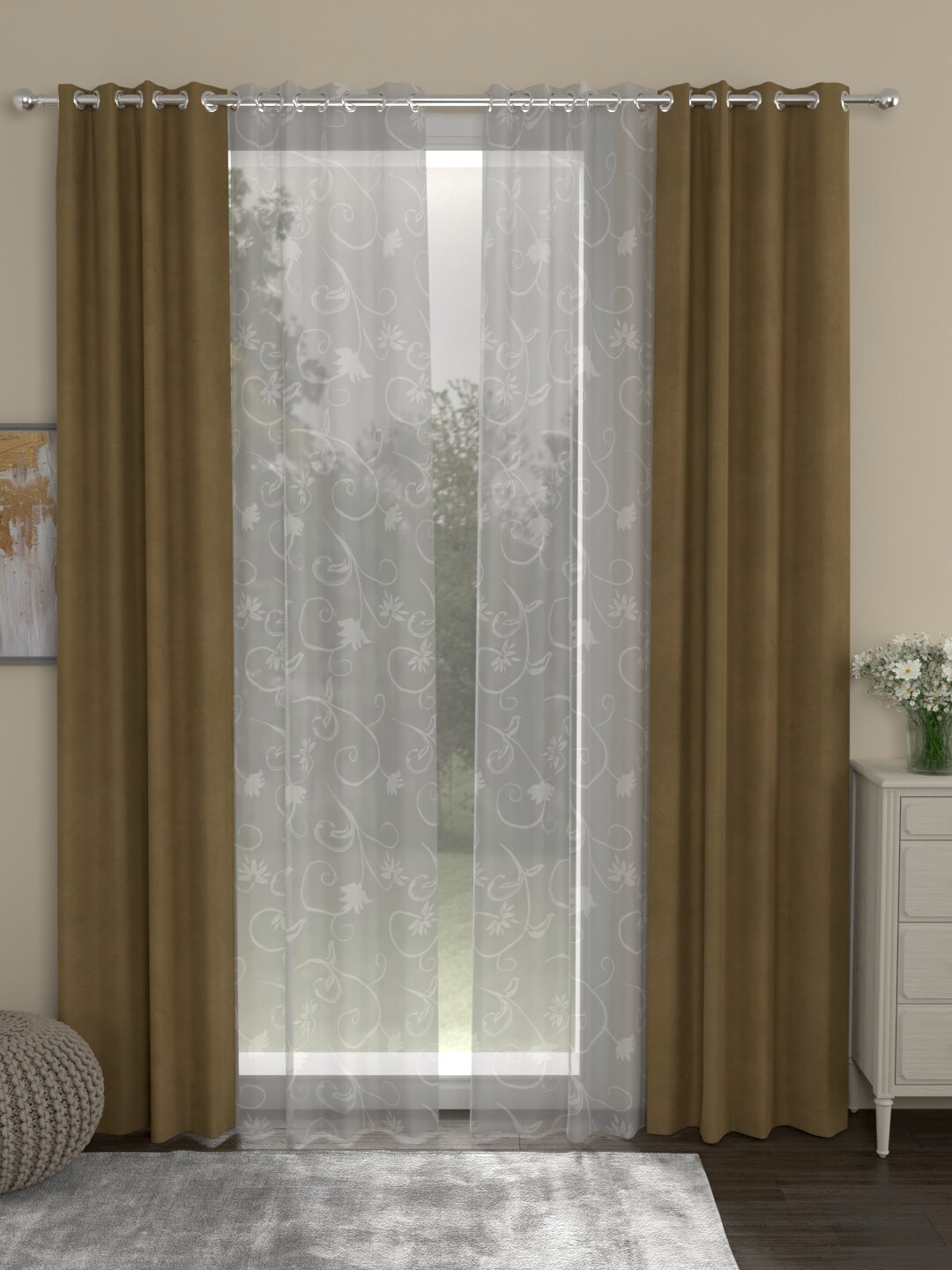 

ROSARA HOME Beige & Off-White Set of 4 Regular & Sheer Velvet Door Curtains