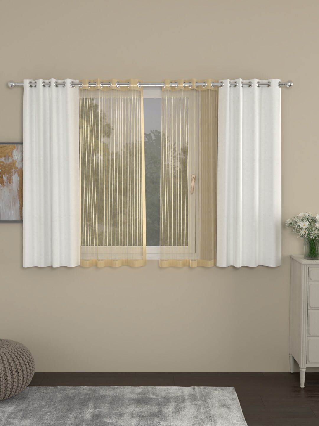 

ROSARA HOME White & Gold-Toned Set of 4 Window Curtains