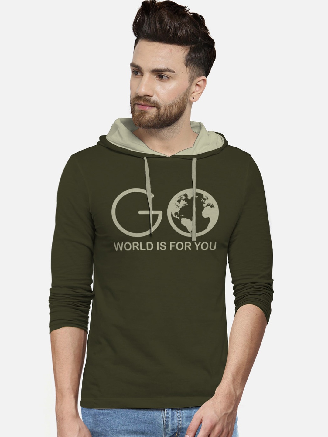 

BULLMER Men Green Printed Cotton Hood Pure Cotton T-shirt
