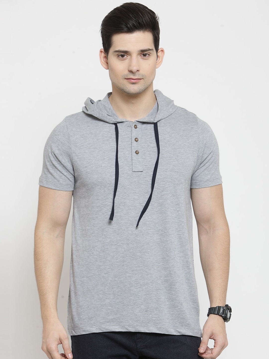 

Kalt Men Grey Melange Solid Hood T-shirt