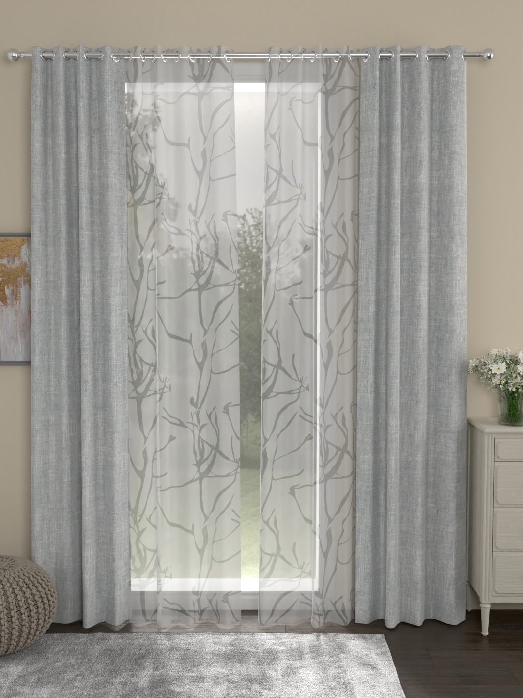 

ROSARA HOME Grey & Off-White Set of 4 Regular & Sheer Door Curtains