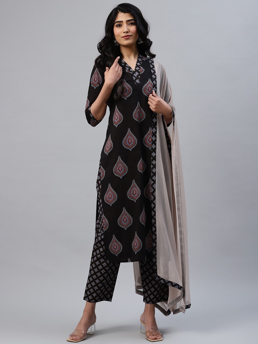 

Libas Women Black Printed Kurta with Trousers & Dupatta