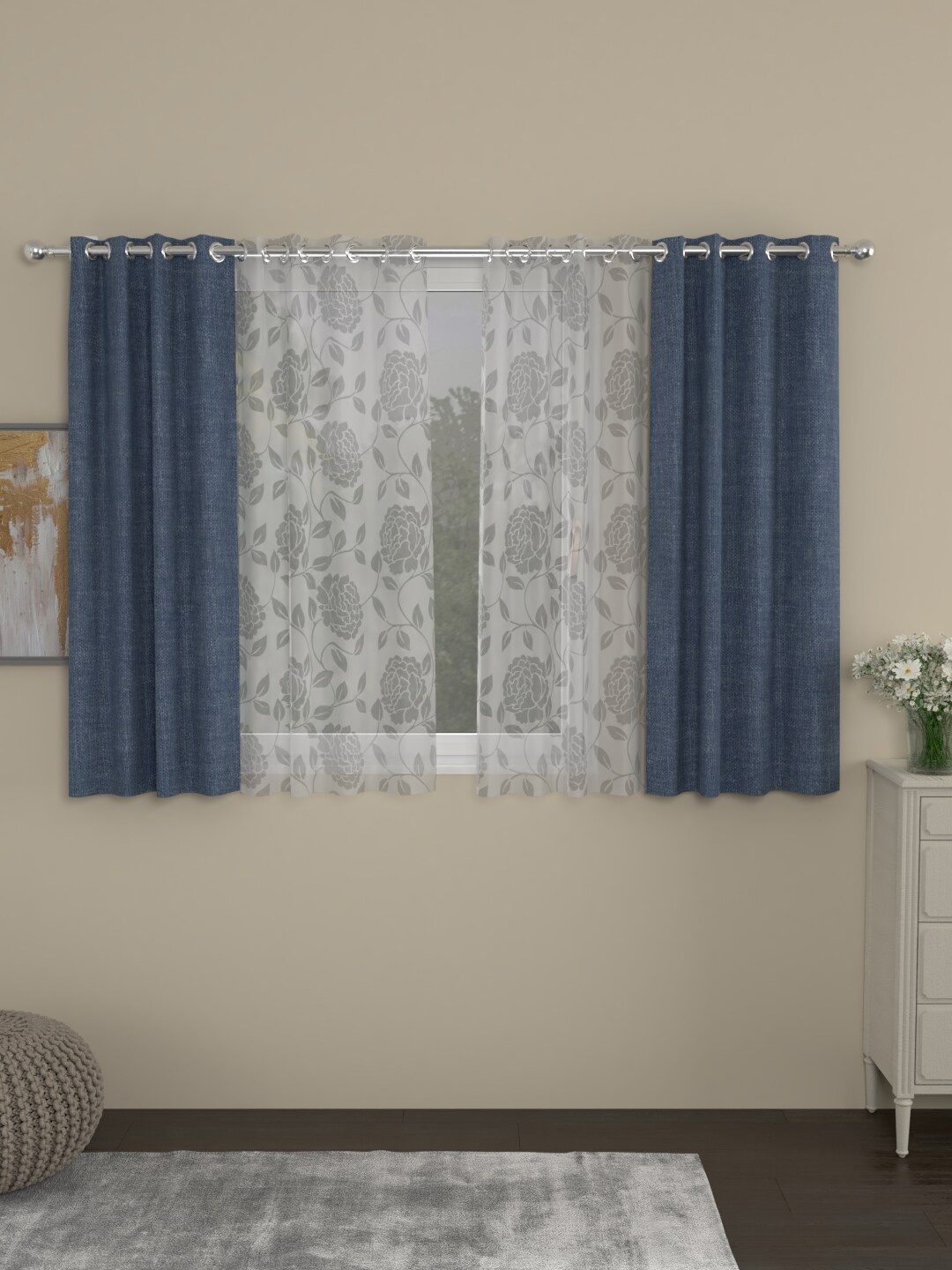 

ROSARA HOME Set Of 4 Navy Blue & White Window Curtains