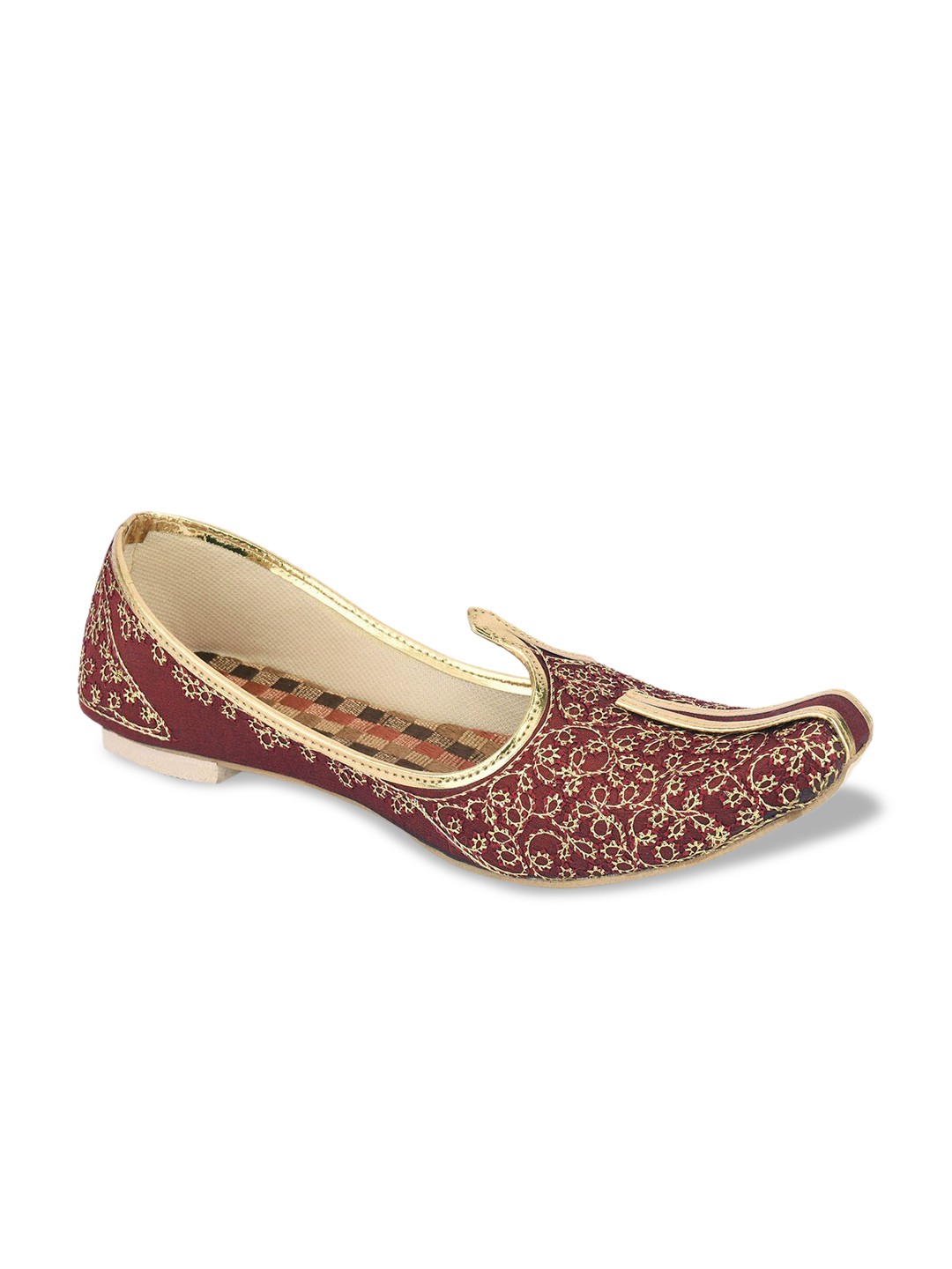 

DESI COLOUR Men Maroon & Gold-Toned Woven Design Mojaris