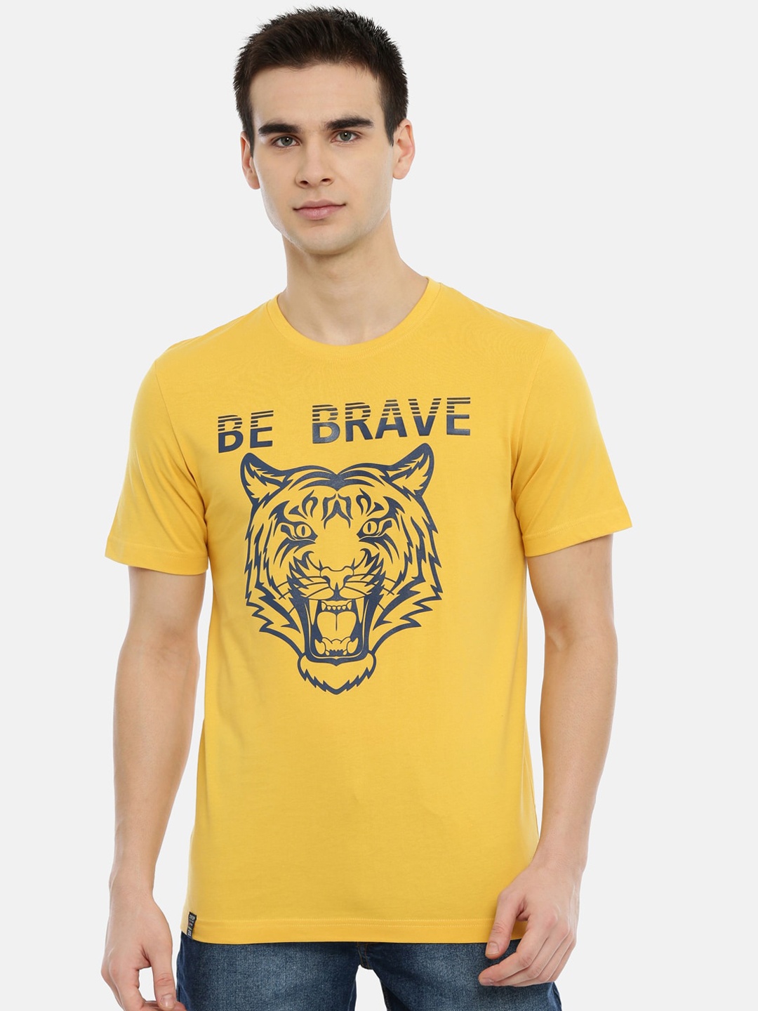 

3PIN Men Yellow Navy Blue Printed Round Neck Pure Cotton T-shirt
