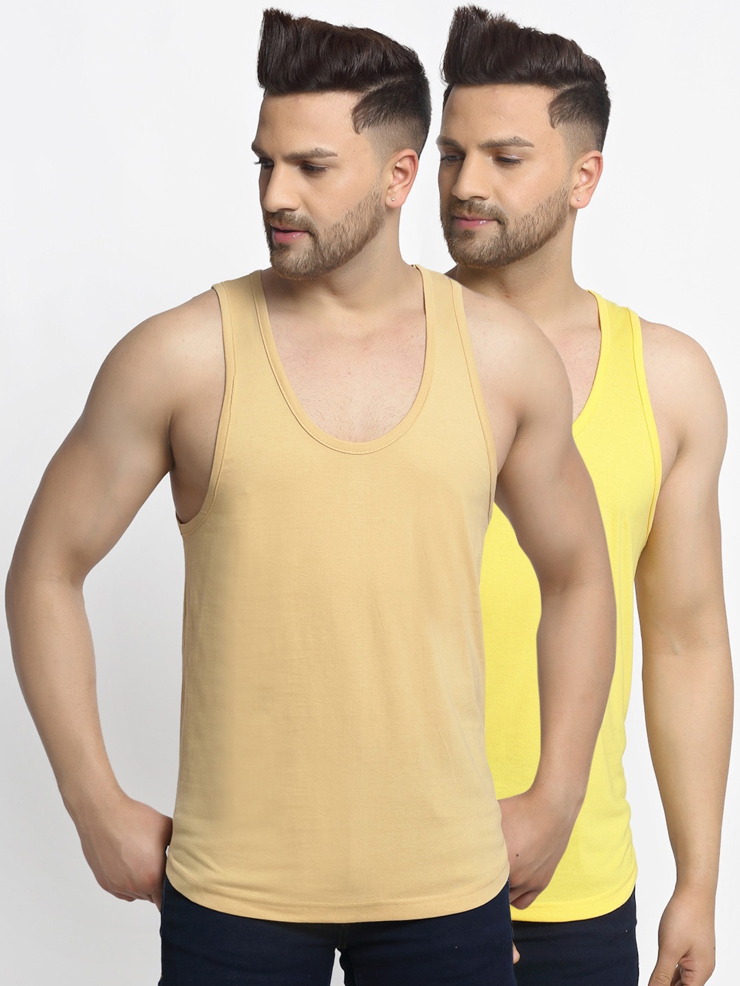 

Friskers Men Pack Of 2 Solid Apple Cut Gym Vest, Yellow