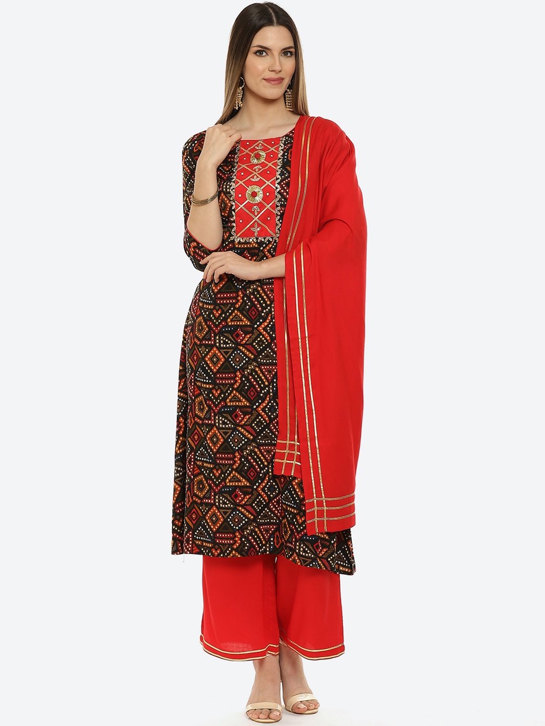 Kurti's by Menka Women Black & Red Printed Kurta with Palazzos & Dupatta