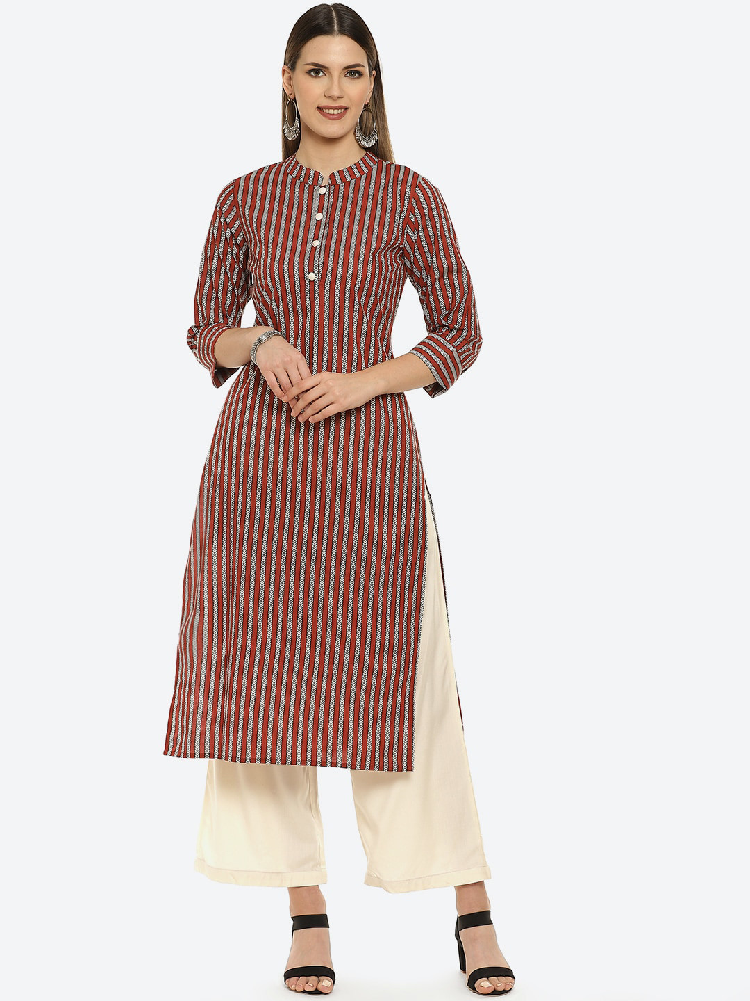 

Kurti's by Menka Women Rust Striped Kurta
