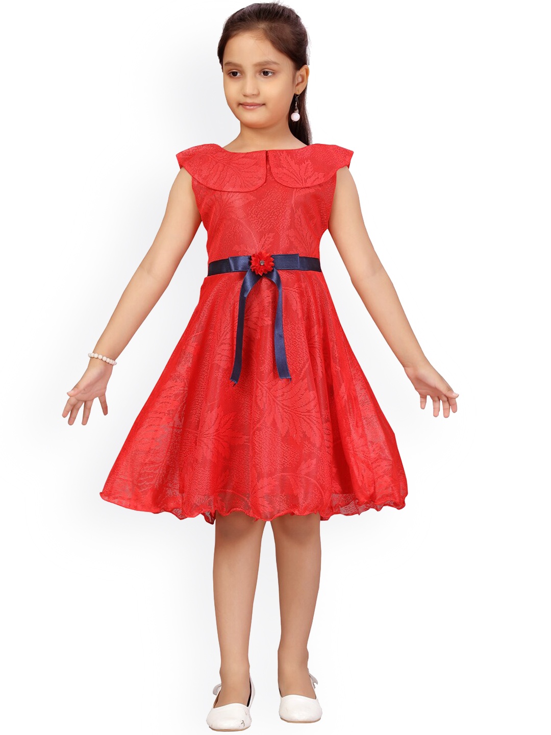 

Aarika Girls Red Self Design Fit and Flare Dress