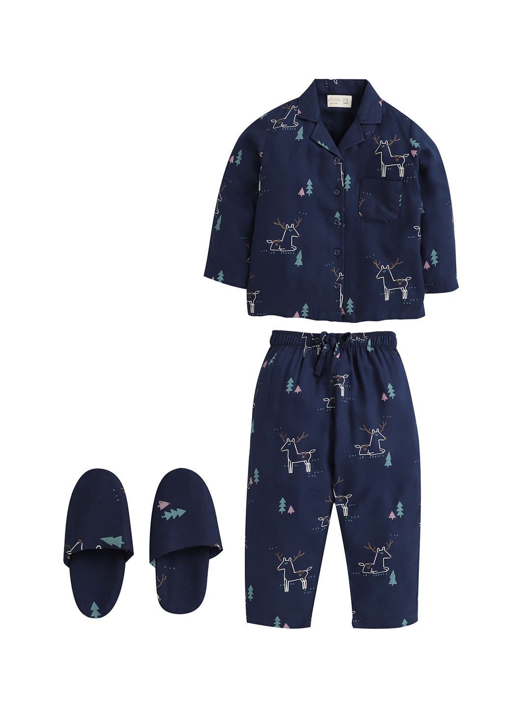 

PICCOLO Girls Navy Blue & White Printed Night suit With Slippers