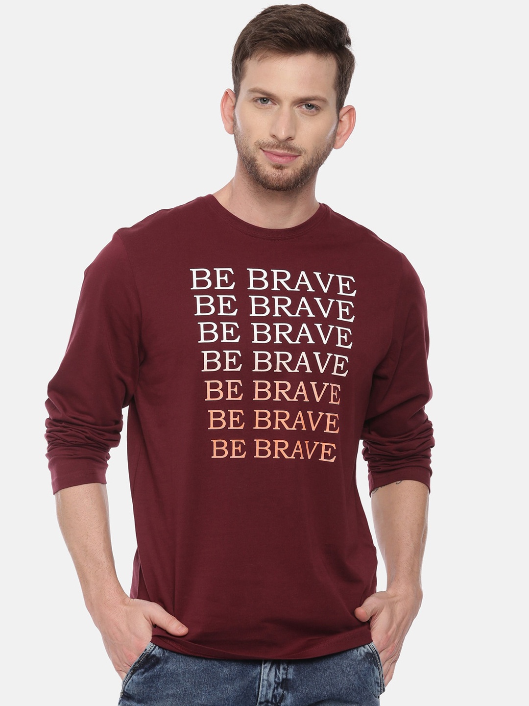 3PIN Men Maroon Printed Round Neck Pure Cotton T-shirt
