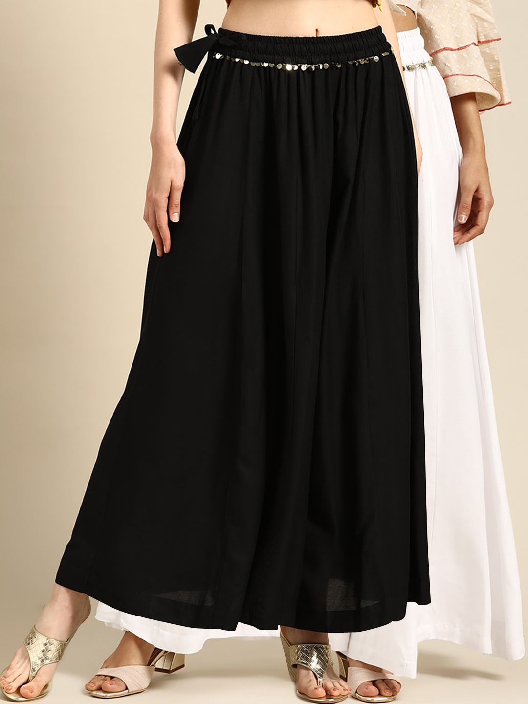 

TAG 7 Women Black & White Solid Flared Palazzos