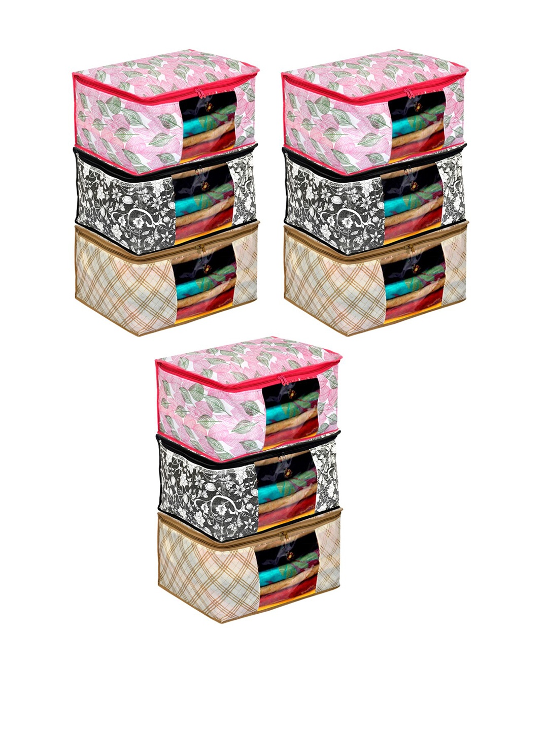 

Kuber Industries Set Of 9 Multicoloured Metallic Printed Saree Organisers, Pink
