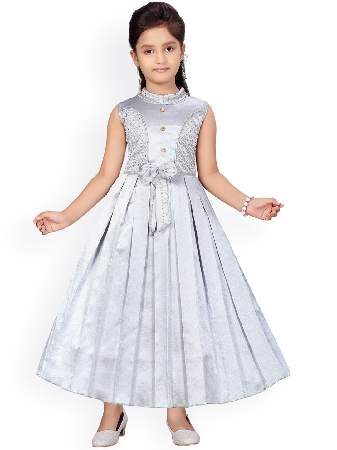 

Aarika Girls Grey Solid Embellished Fit and Flare Dress