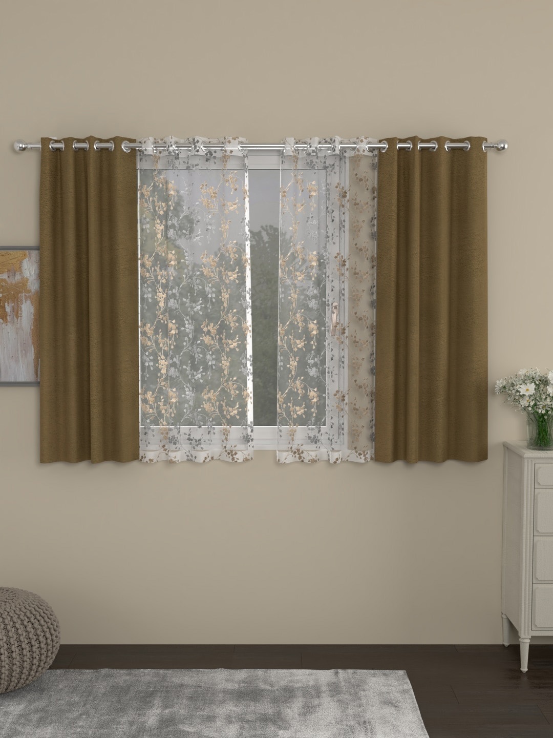 ROSARA HOME Beige & White Set of 4 Regular & Sheer Velvet Window Curtains