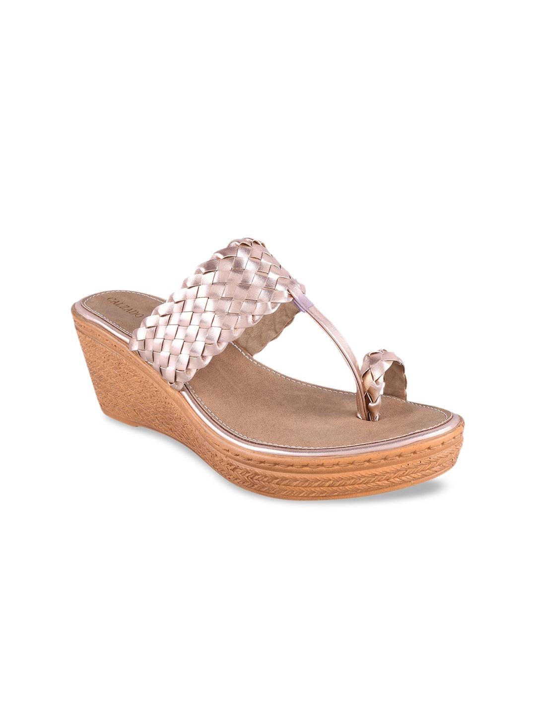CALZADO Women Rose Gold Woven Design Sandals