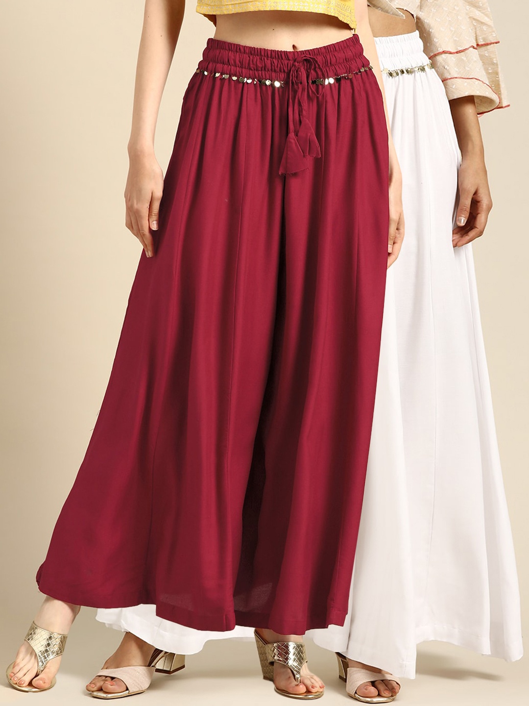 

TAG 7 Women White & Maroon Solid Flared Palazzos
