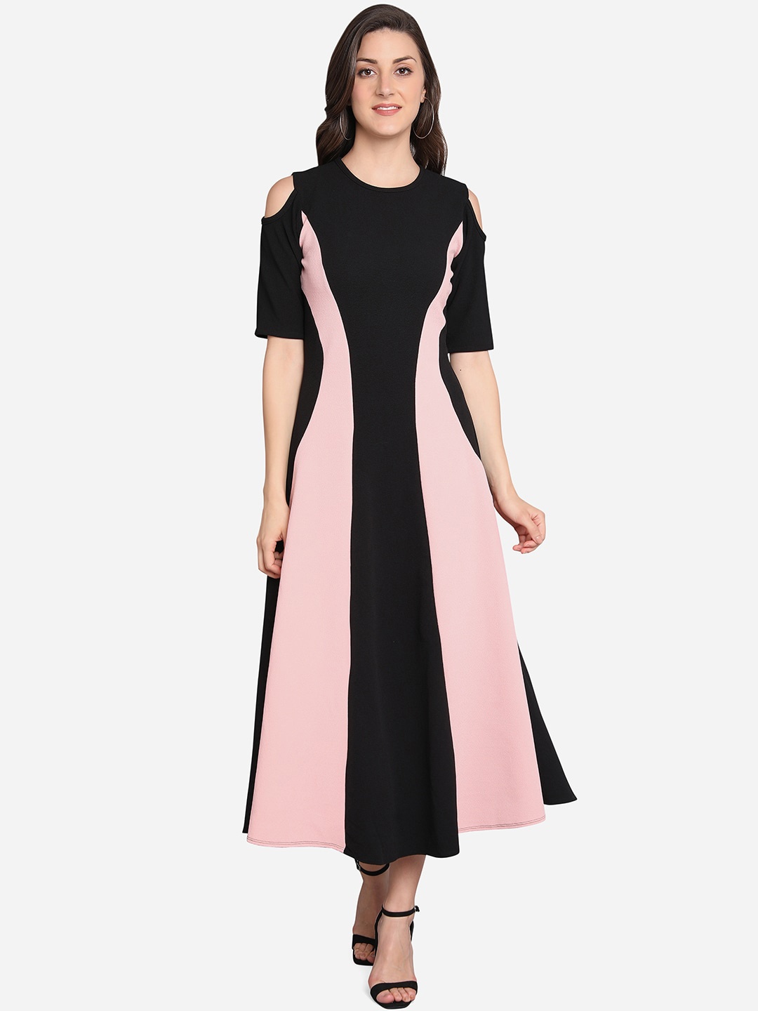 

PURVAJA Women Peach-Coloured Colourblocked Fit and Flare Dress