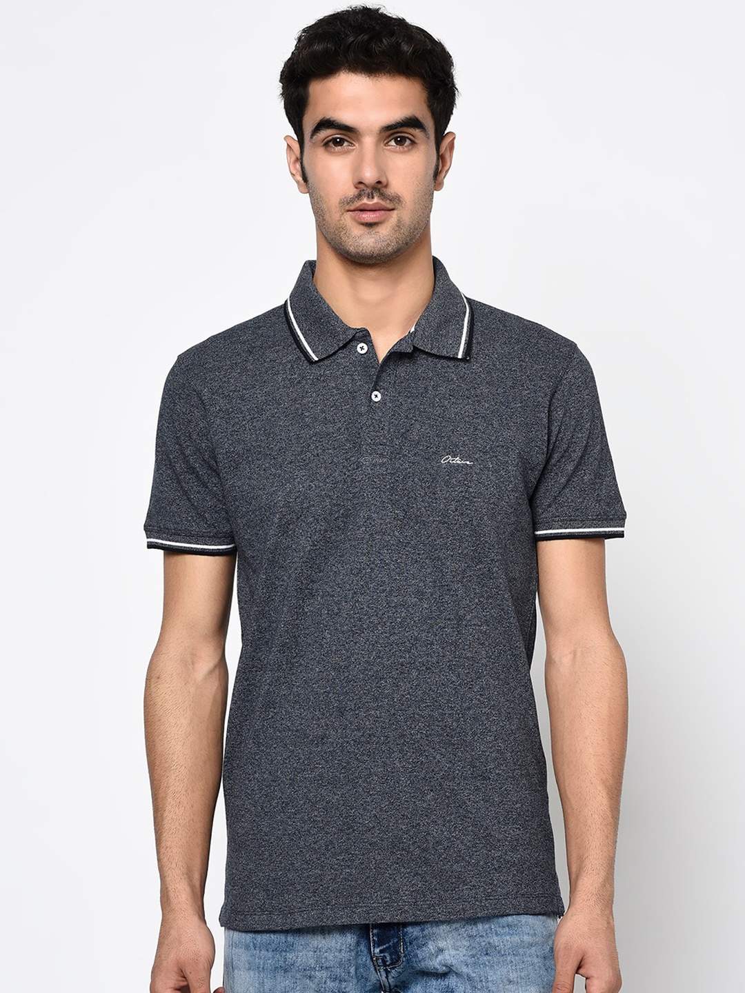 Octave Men Charcoal Grey Self Design Polo Collar T-shirt