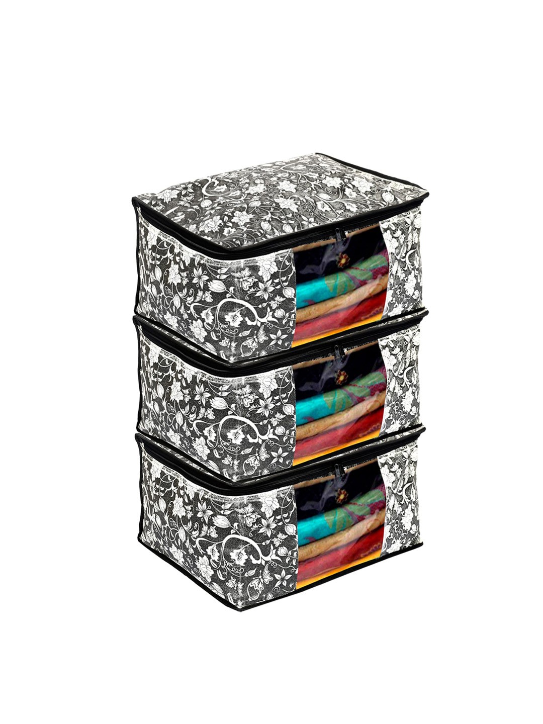 

Kuber Industries Set of 3 Black & White Metallic Printed Clothes Organisers