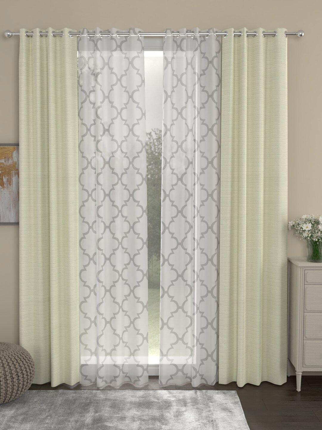 ROSARA HOME Set Of 4 Cream-Coloured & White Door Curtains
