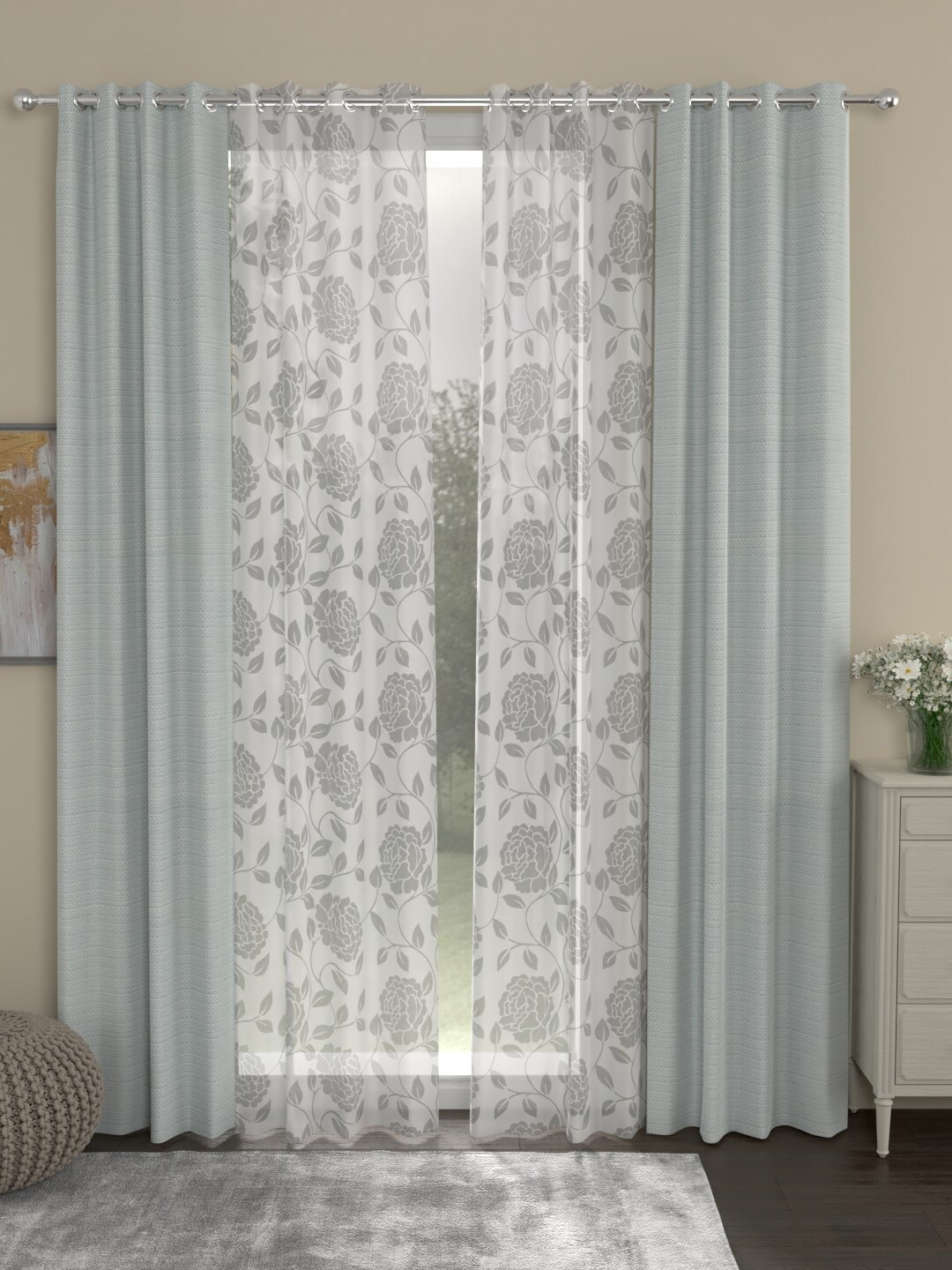 

ROSARA HOME Grey & White Set of 4 Regular & Sheer Door Curtains