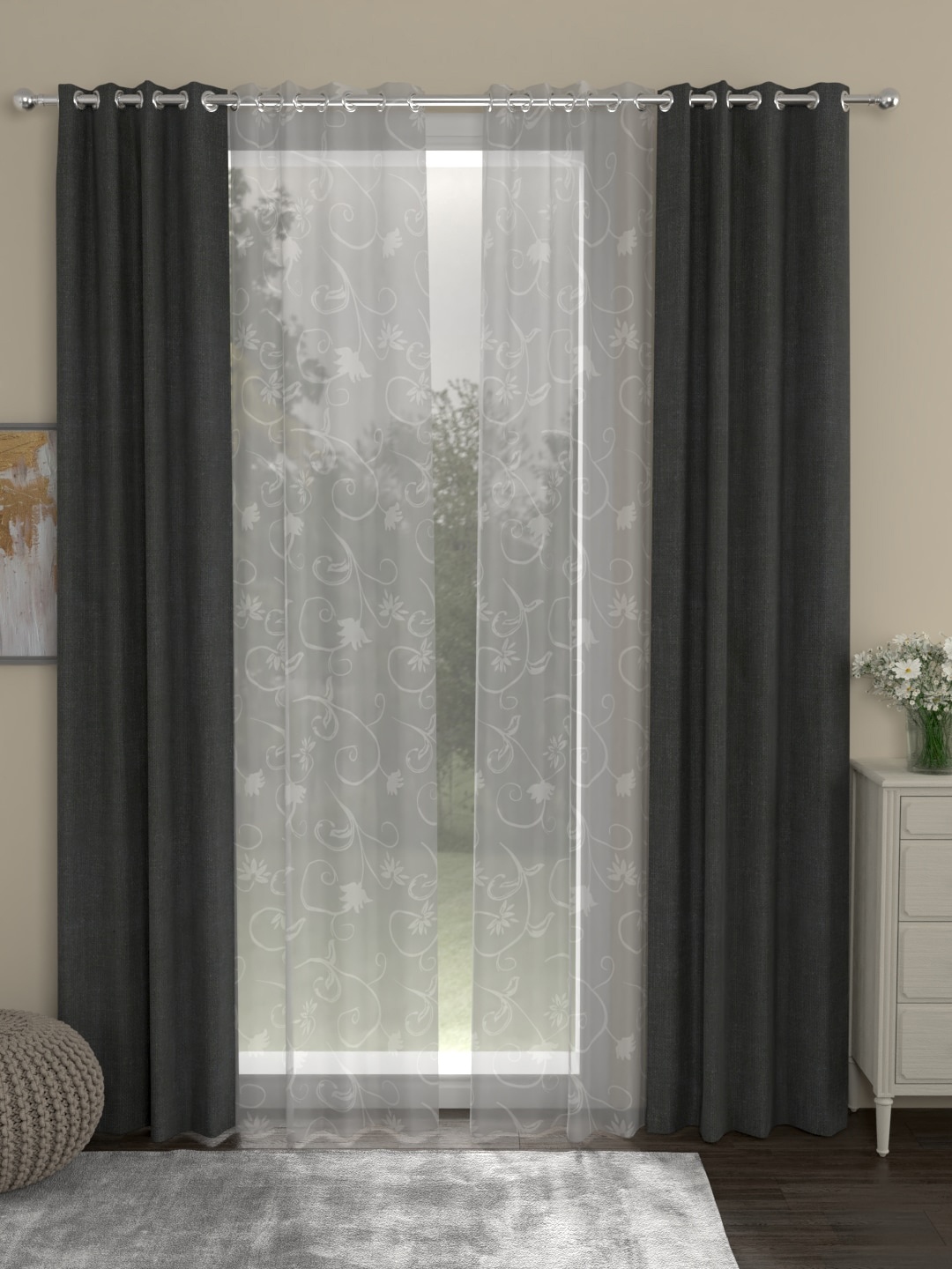

ROSARA HOME Grey & White Set of 4 Door Curtains