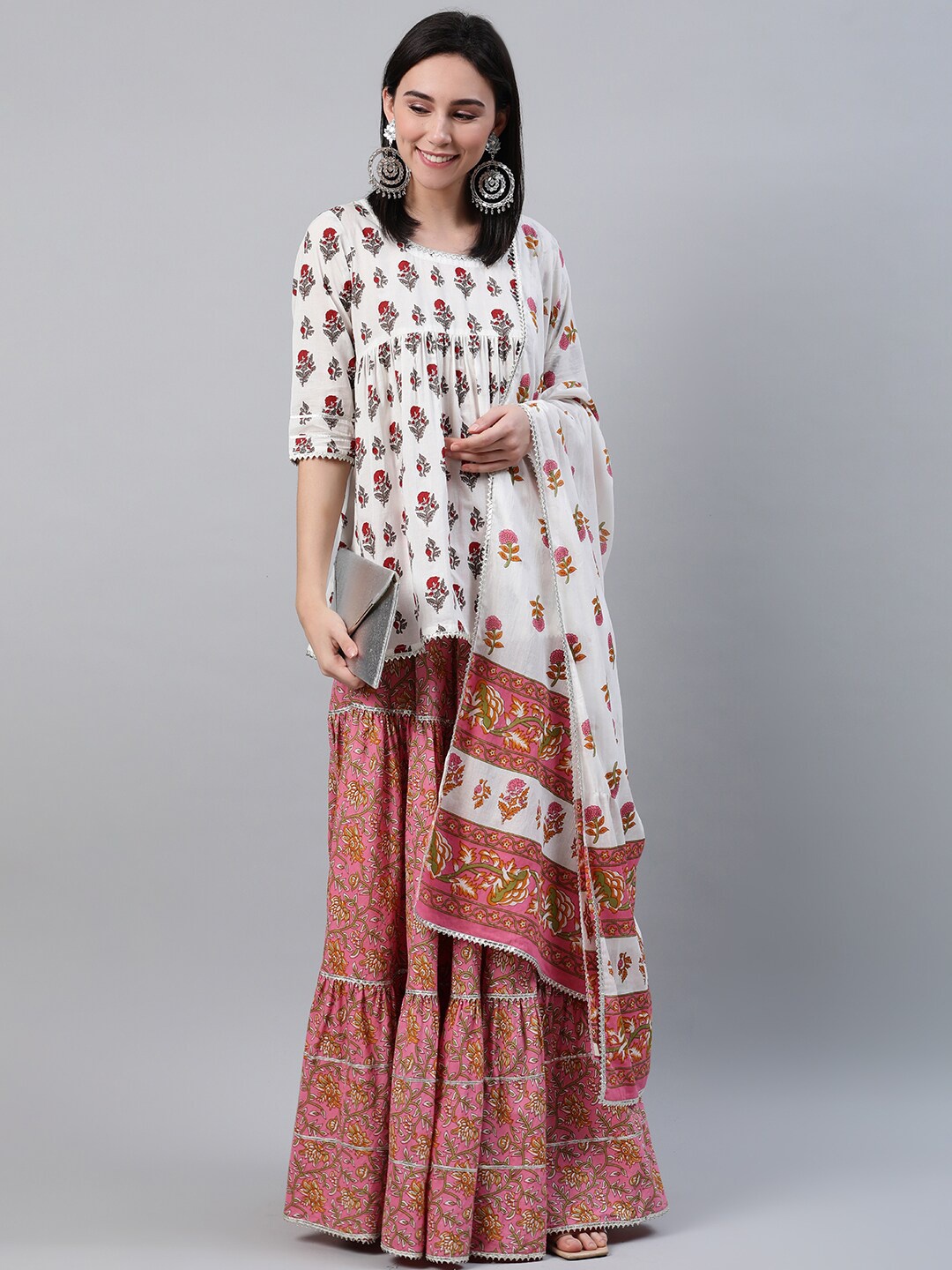 

Libas Women White Pure Cotton Floral Print Gotta Patti Kurti with Skirt & Dupatta
