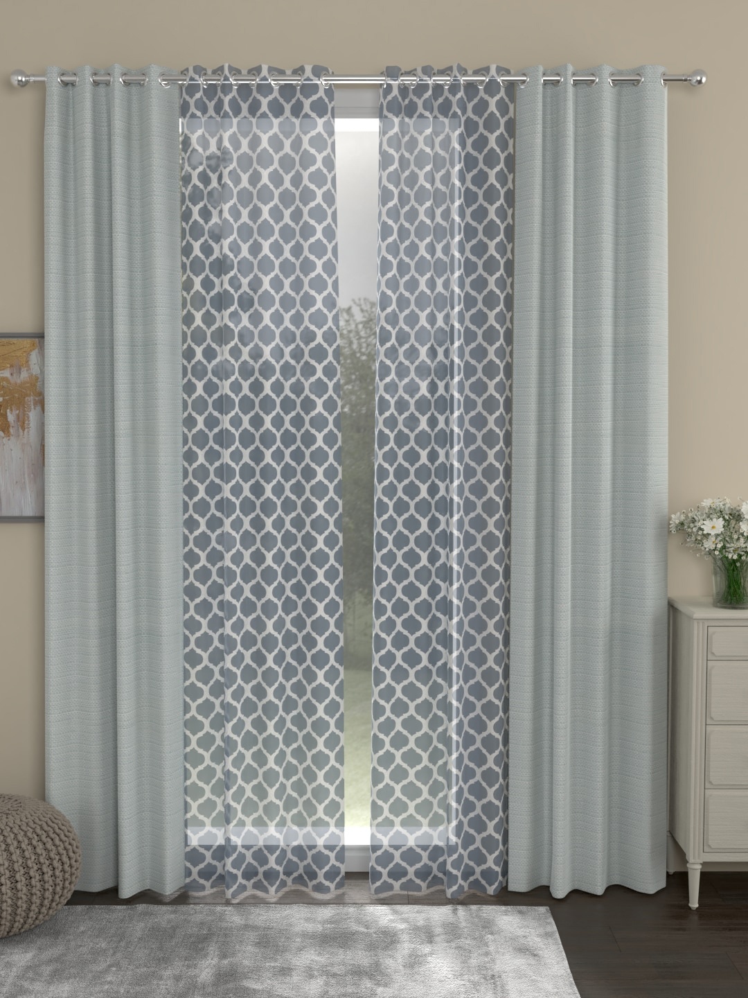 

ROSARA HOME Grey & Off-White Set of 4 Regular & Sheer Long Door Curtains