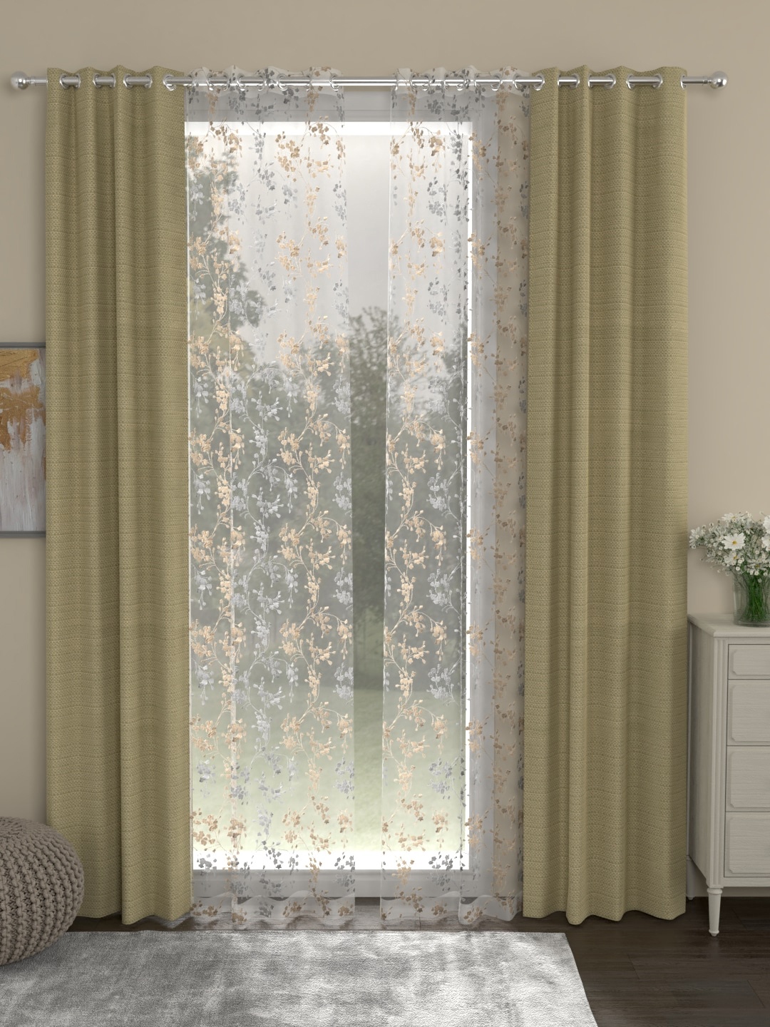 

ROSARA HOME Set Of 4 Beige & Transparent Long Door Curtains
