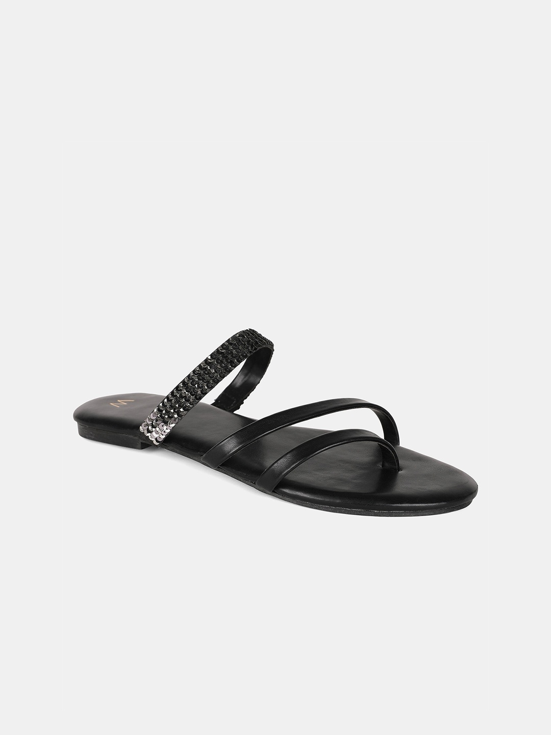 

W Women Black Solid PU Open Toe Flats