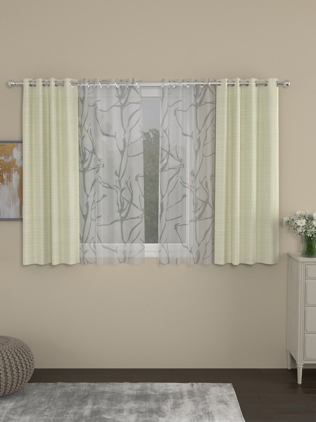 

ROSARA HOME Cream-Coloured & White Set of 4 Regular & Sheer Window Curtains