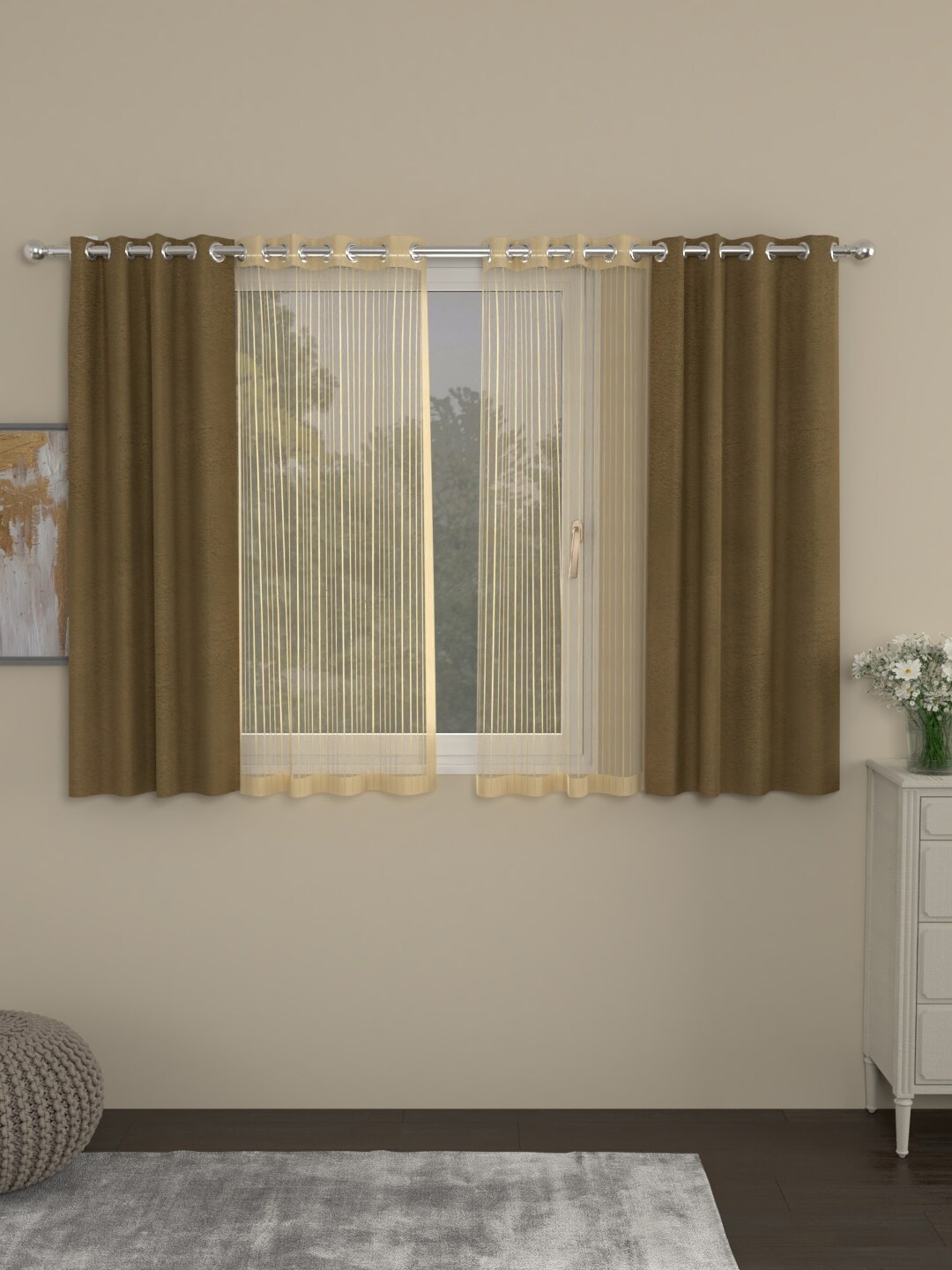 

ROSARA HOME Brown & Transparent Set of 4 Velvet Regular & Sheer Window Curtains