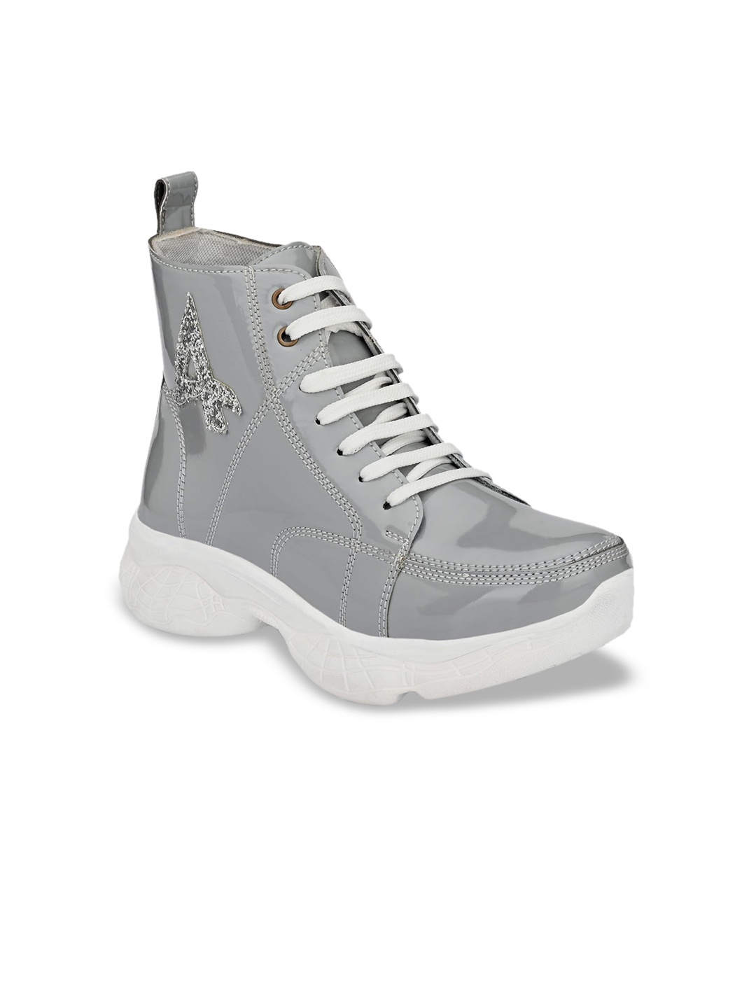 

AfroJack Women Grey & Off White Synthetic Leather Mid-Top Sneakers
