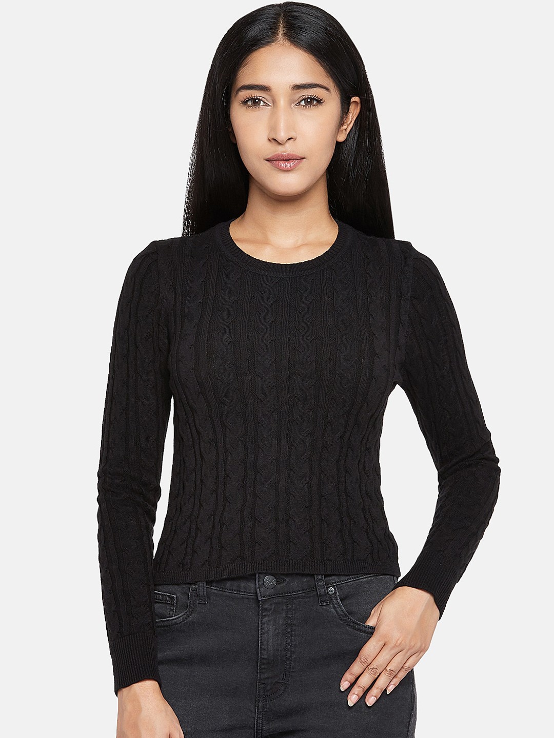 

People Women Black Self Design Pullover Sweater