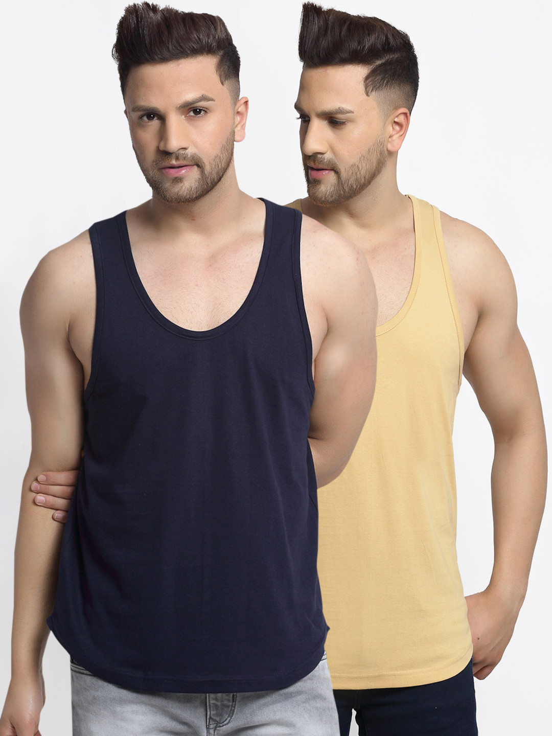 

Friskers Men Pack Of 2 Solid Cotton Gym Vests, Beige