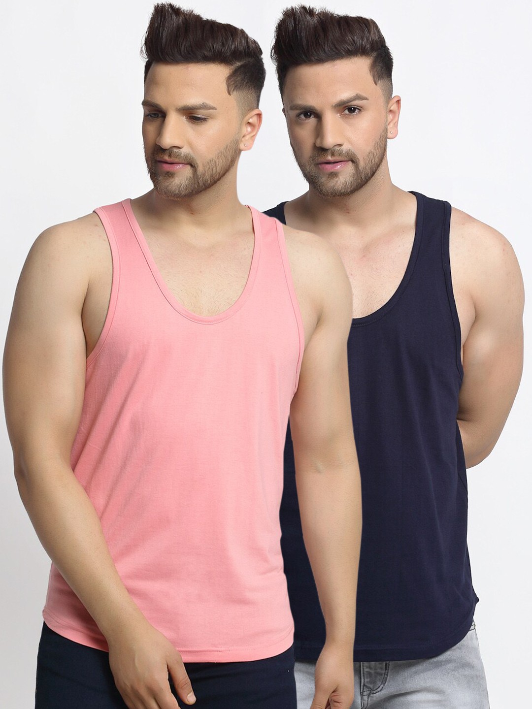

Friskers Men Pack Of 2 Solid Gym Vests, Navy blue