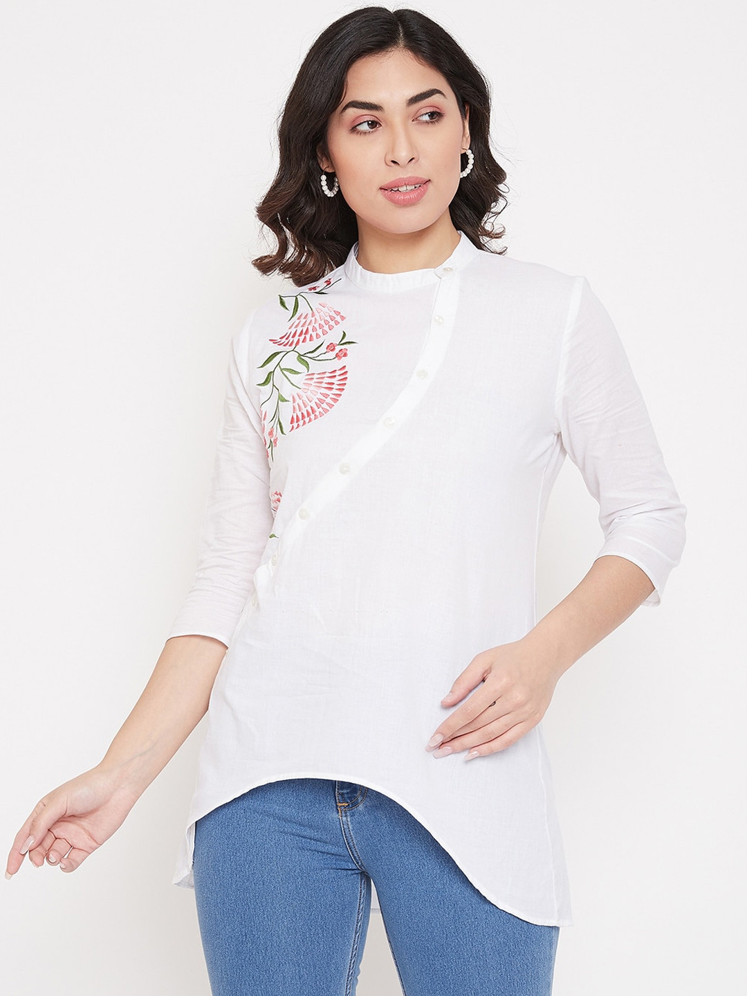 

Ruhaans Women's White & Pink Embroidered Tunic